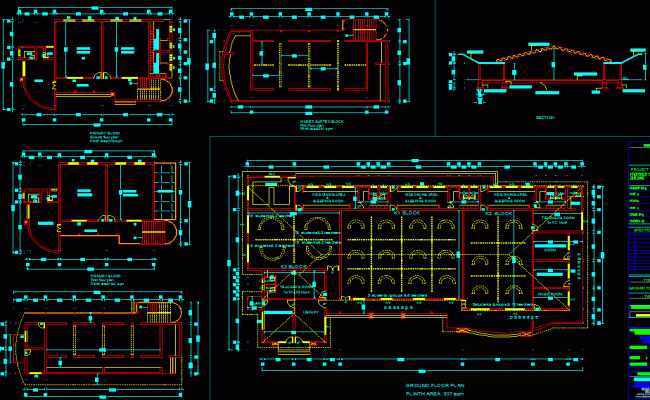 School Building DWG Floor Plan and Section Drawing for Layout Design