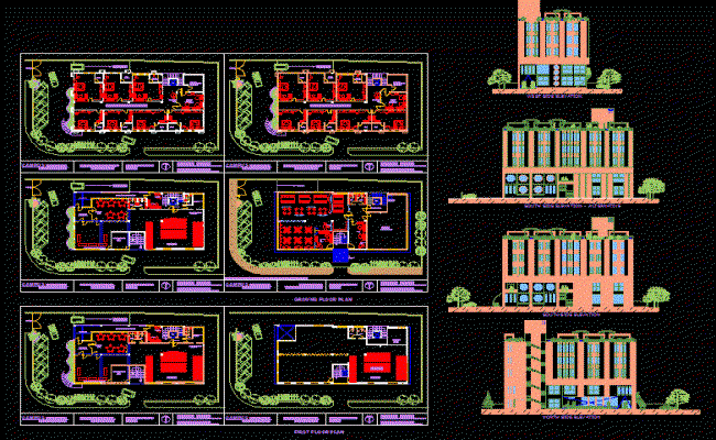 Hotel Layout Plan DWG with Four Side Elevation of Architectural Design