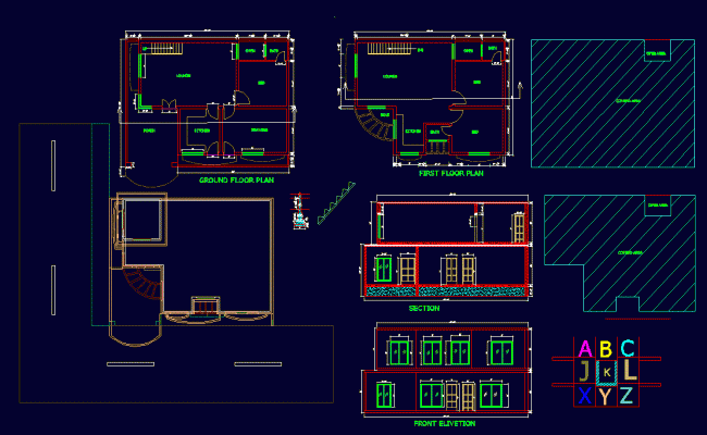 2 BHK House Floor Plan with Section and Elevation in CAD File