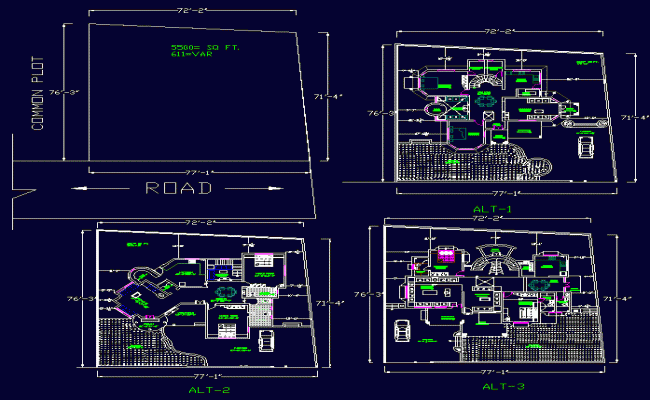 77X71 Three BHK Bungalow House Plan DWG File for Residential Layout