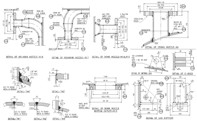 Various size Nozzle detail section with lug support Detail DWG AutoCAD file