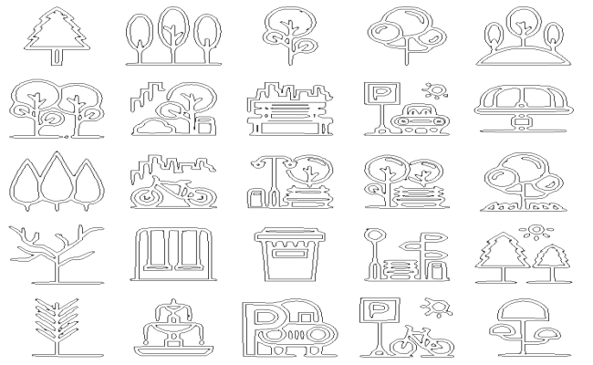 Various tree icon set outline vector DWG AutoCAD file