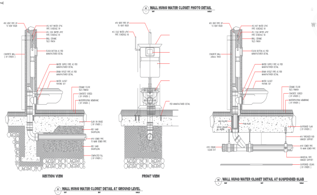Wall Hung Water Closet Installation Details Plan in CAD File
