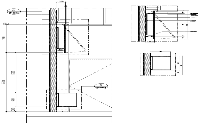 Wall cut out section detail with dressing table and drawers DWG AutoCAD drawing