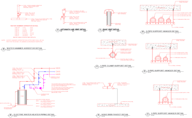 Water Heater Pipe Support and Valve Detail in AutoCAD File