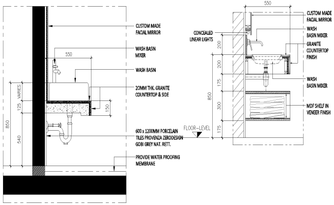 Waterproofing membrane construction details dwg autocad drawing 