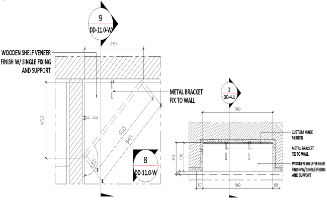 Wooden shelf veneer finish details with single fixing and support details dwg autocad drawing 