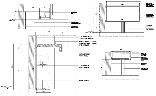 Wooden shelf veneer finishes with single fixing and supports dwg autocad drawing .