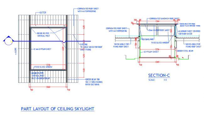 Skylight DWG File with Roof Section Detail and Ceiling Layout Plan
