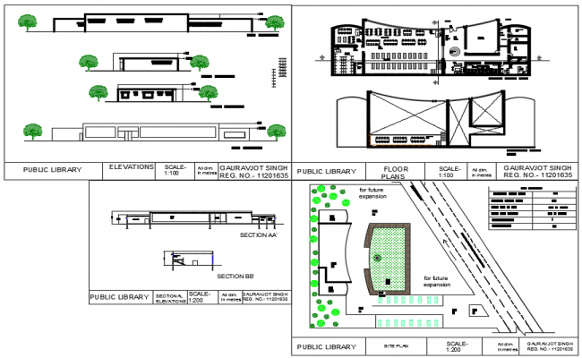 Public library AutoCAD drawing with floor plan and sectional elevation