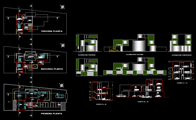 Modern House CAD Drawing with Floor Plans and Detailed Elevations