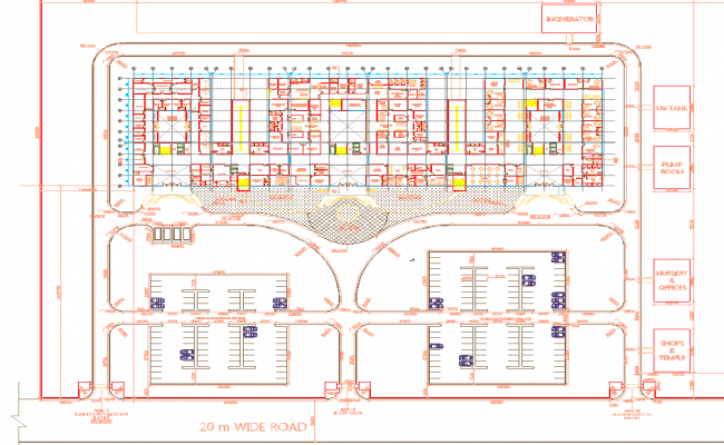 Hospital Design AutoCAD Plan with Master Layout and Parking Details