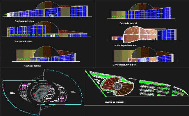 Auditorium AutoCAD DWG Drawing with Site Plan and Elevation Views