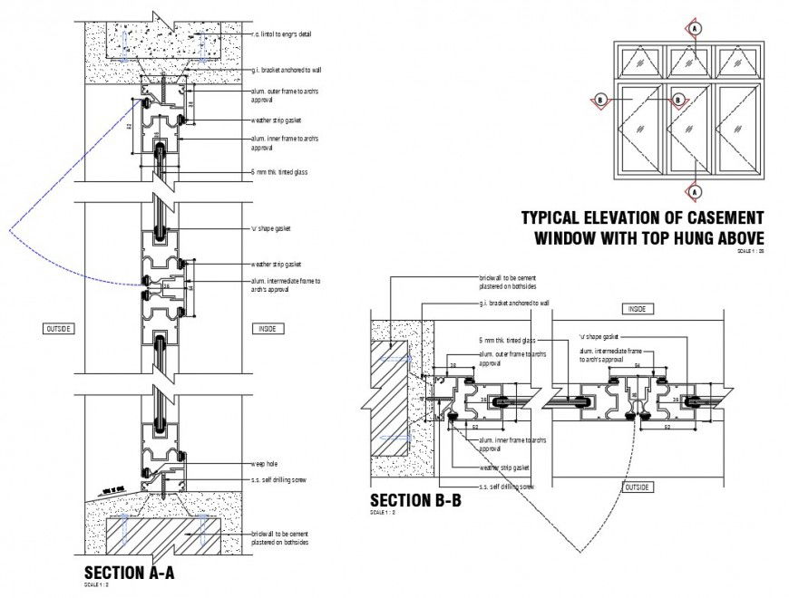 Aluminium frame casement window installation details dwg file