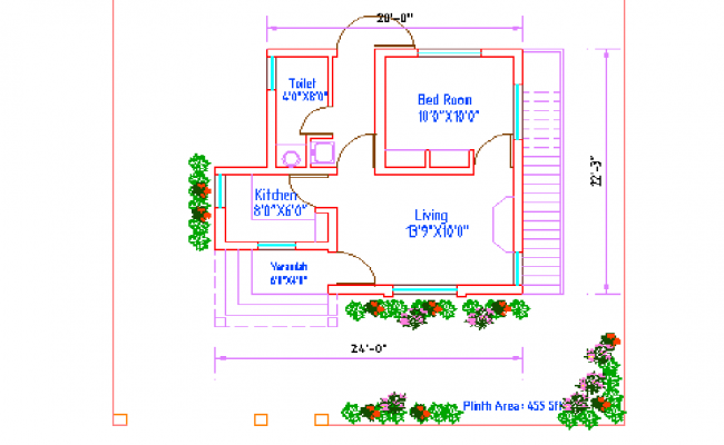Single Floor House AutoCAD DWG with Living, Kitchen, and Bedroom Plan
