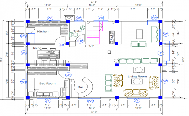 House plan 2D cad drawing with living room and kitchen layout