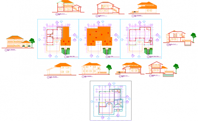 Duplex 3 bedroom 2 floor house plan with pool design in DWG file