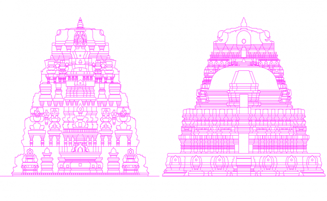 Temple Shikarams AutoCAD DWG drawing with scaled architecture