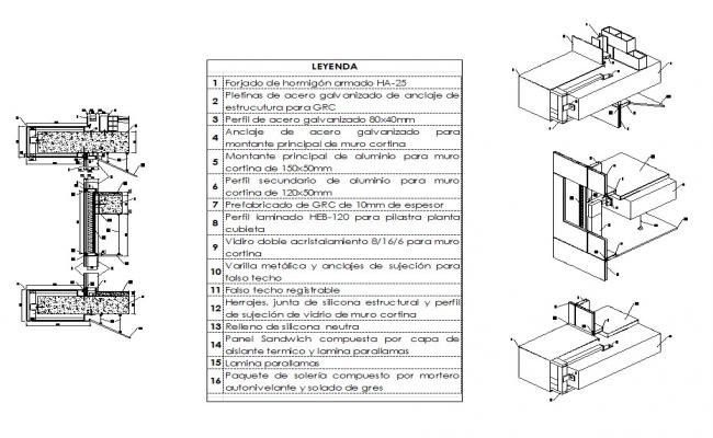 curtain wall section isometric detail