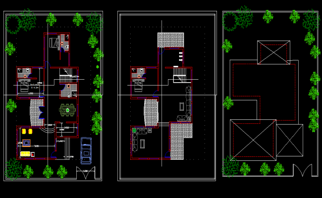 House Design AutoCAD Drawing with Floor Plans and Roof Layout