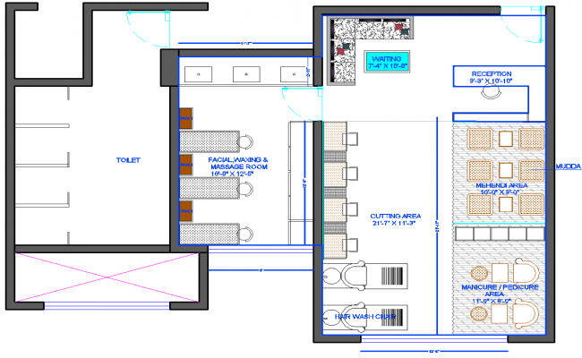 Modern beauty parlor interior layout with furniture detail DWG