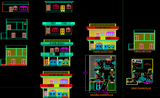 Small House Plan DWG File with Elevation and Section Design Layout