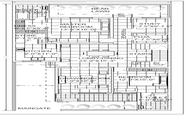Modern house plan 2D CAD drawing with layout and furniture details