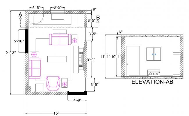 living room plan and elevation dwg file