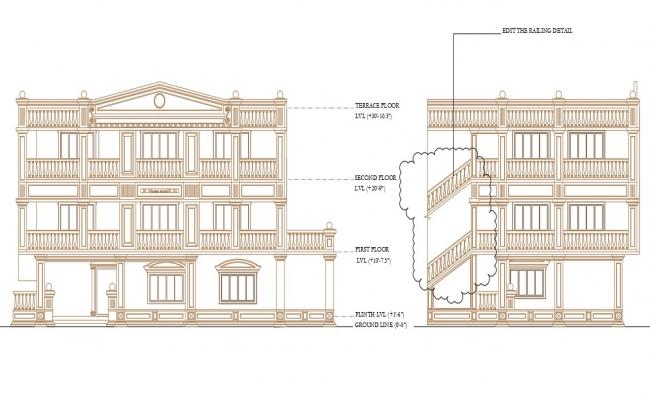 Complete Roman Architecture Style Front Elevation AutoCAD DWG File