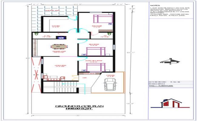 South Facing 3 BHK Ground Floor Plan Drawing DWG File