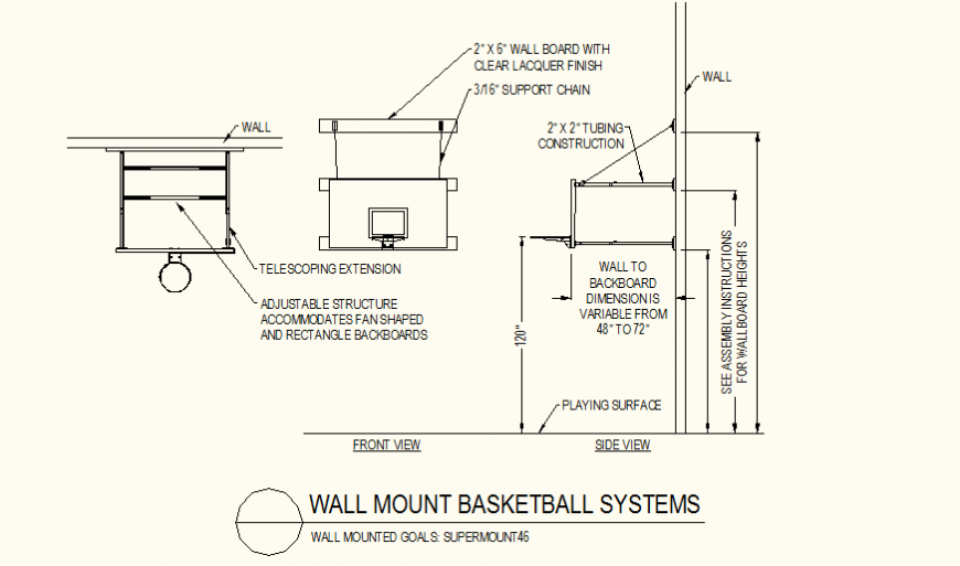 basketball hoop wall mounting structural support diagram