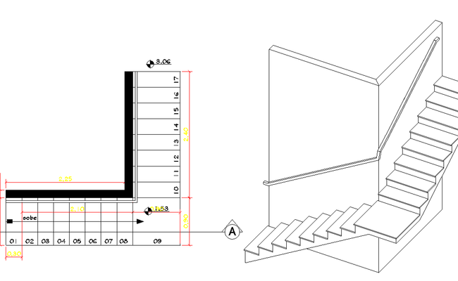 L Shaped Staircase CAD Drawing 2D and 3D Design