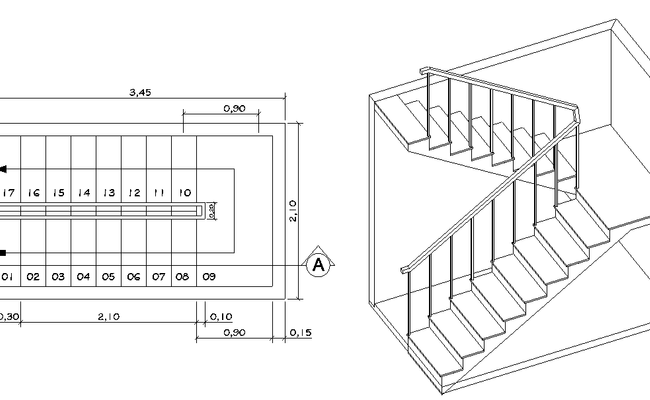 U Shaped Staircase CAD Drawing 2D Plan and 3D View