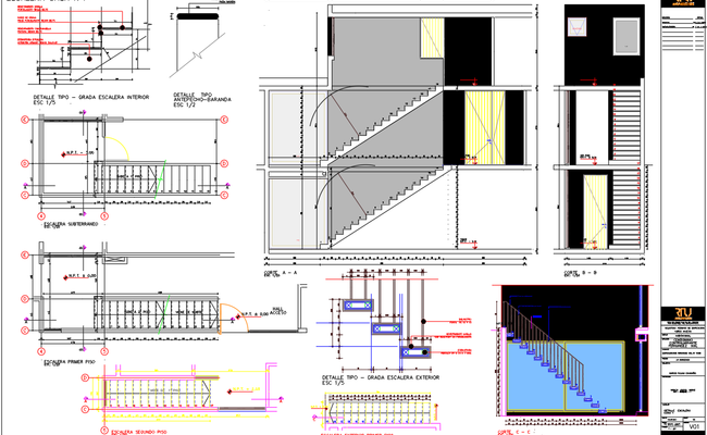 Staircase CAD Drawing with Plans and Section Details