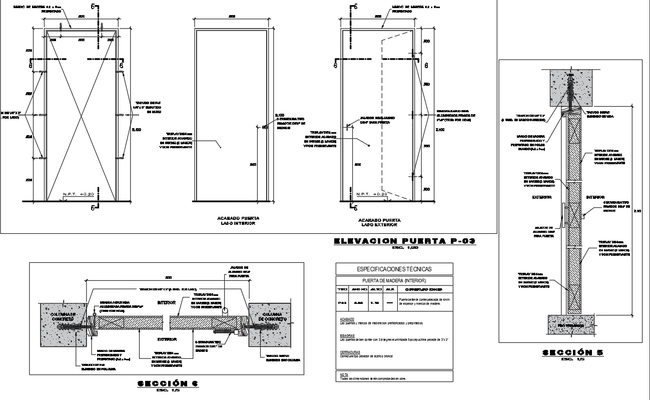 Wooden Interior Door Drawing with Elevation and Section