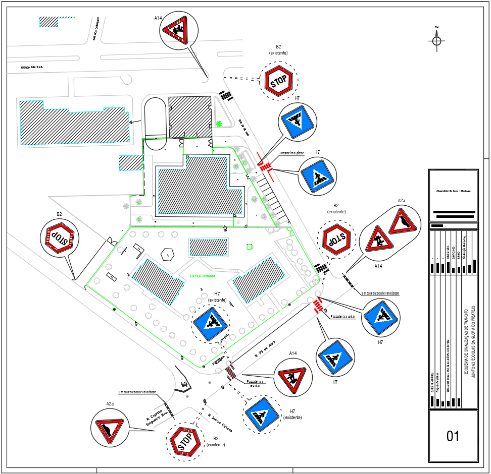 School Traffic and Road Safety CAD Plan with Signage DWG Layout