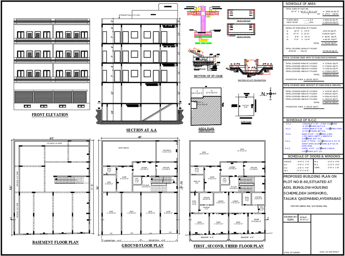 AutoCAD DWG Building Plan with Basement Ground and Upper Floor Layouts