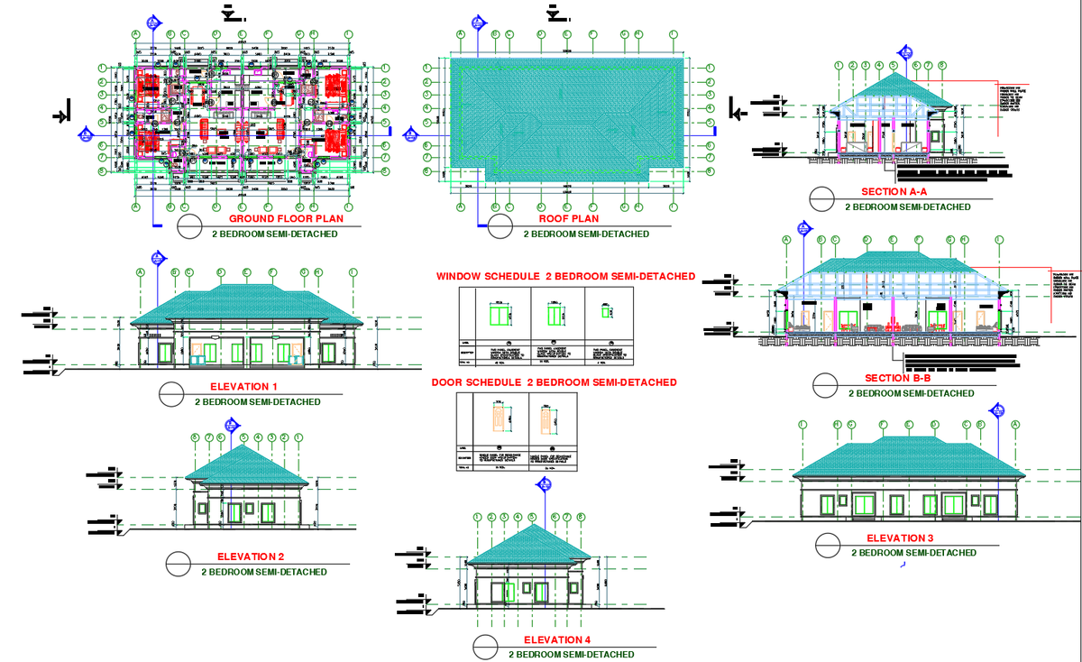 2 Bedroom Semi Detached House Plan with Roof Elevation and Sections