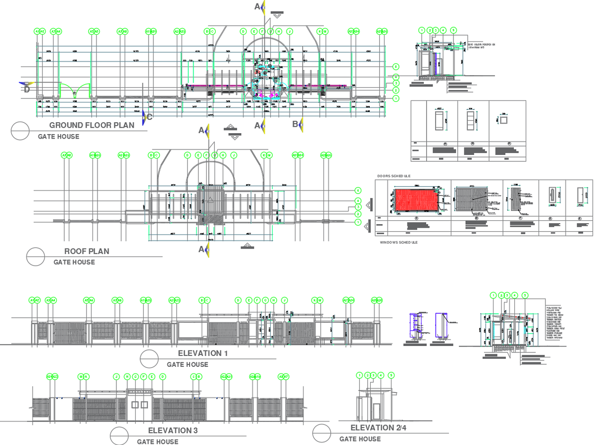 Gate House Floor Plan Roof Plan and Elevation with CAD Drawing