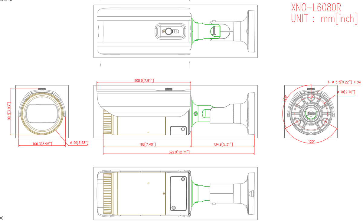 CCTV Security Camera CAD Drawing XNO L6080R with Dimensions Layout