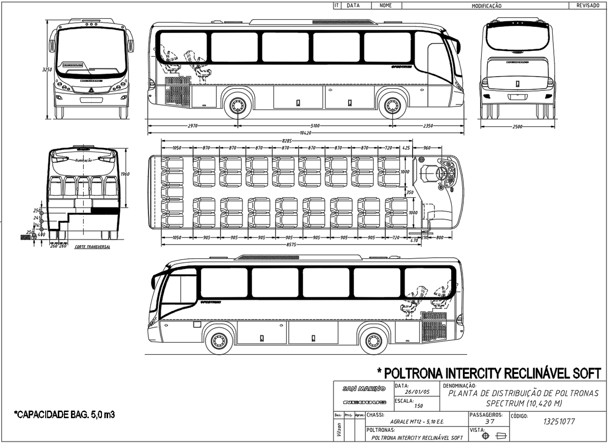 Bus CAD Drawing with Seating Layout Side Front and Section Views