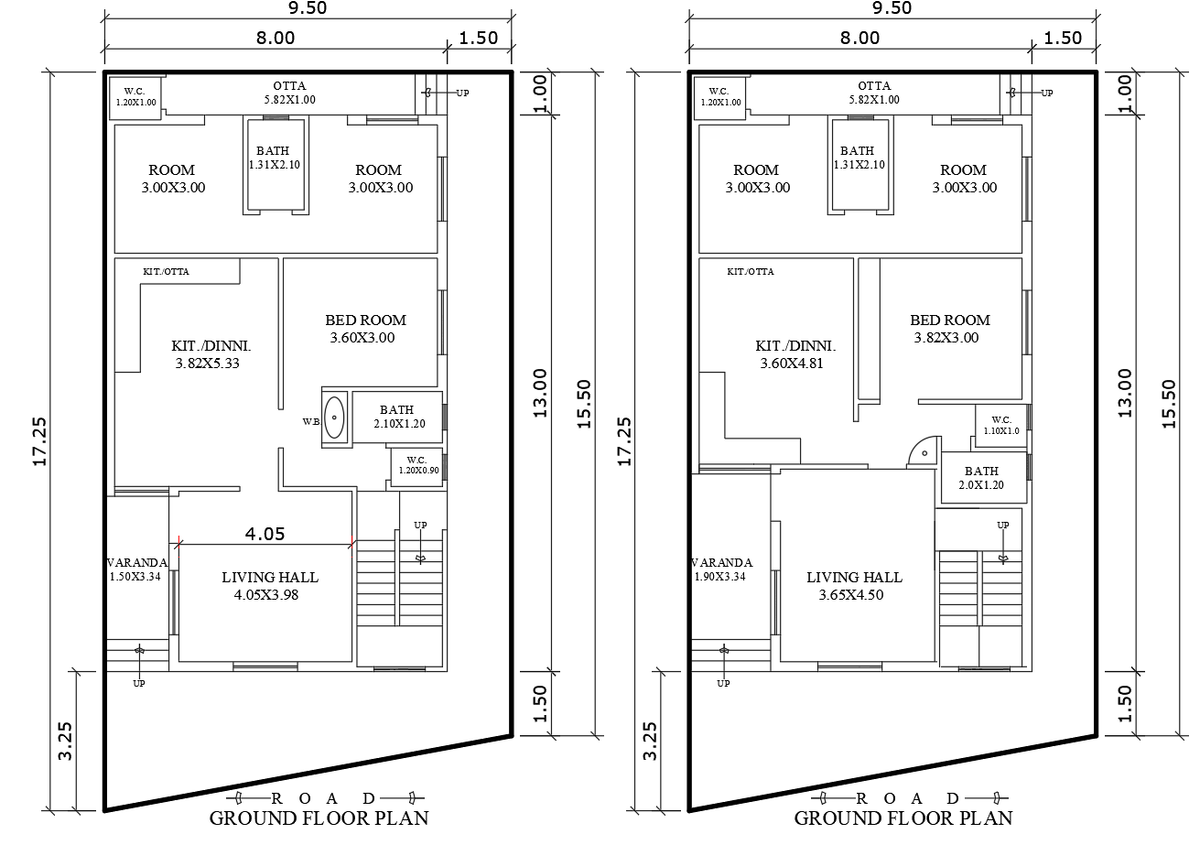 Small House Plan DWG File 2BHK Design for 9.5m x 17.25m Plot Size