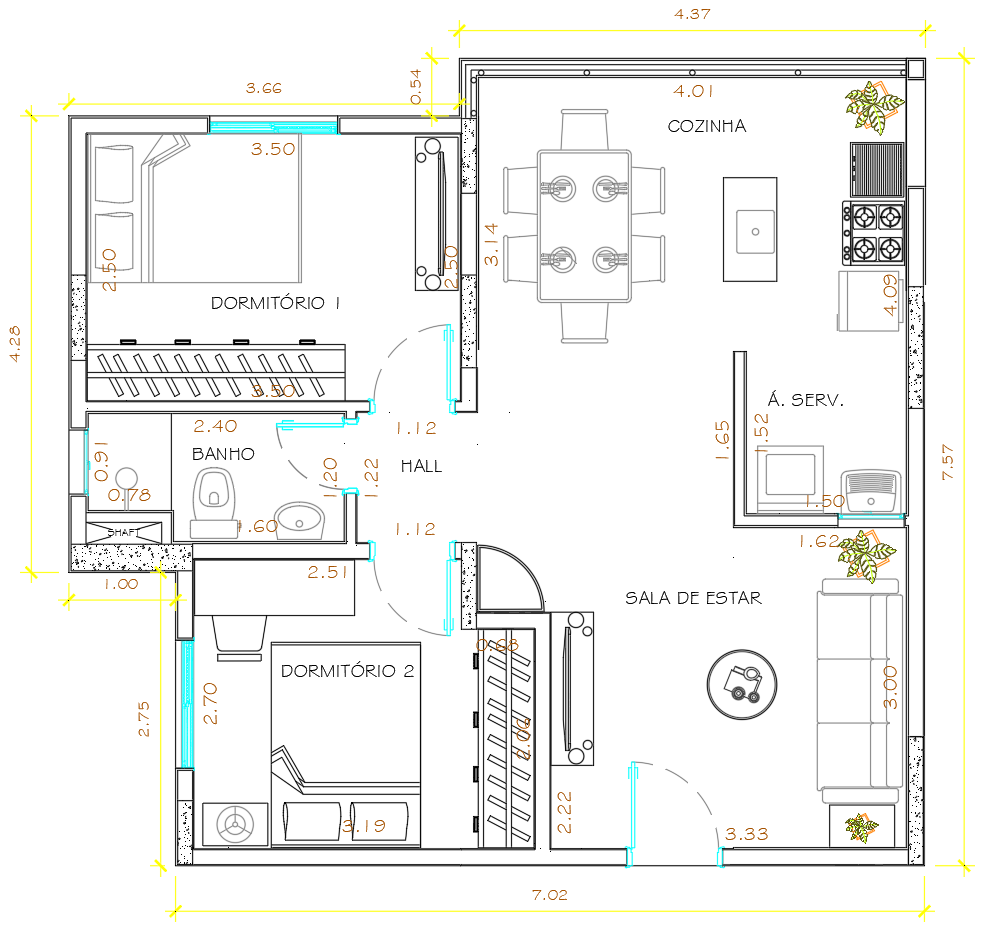 DWG 2 Bedroom House Plan with Living Room Kitchen and Bathroom Layout