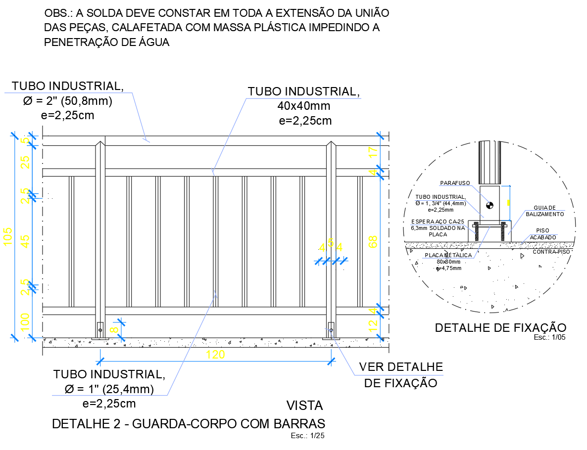 Guardrail CAD Detail Drawing with Fixation and Industrial Tube Bars