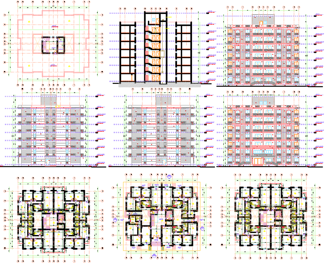 Residential Apartment Building CAD Drawing with Plans and Elevations