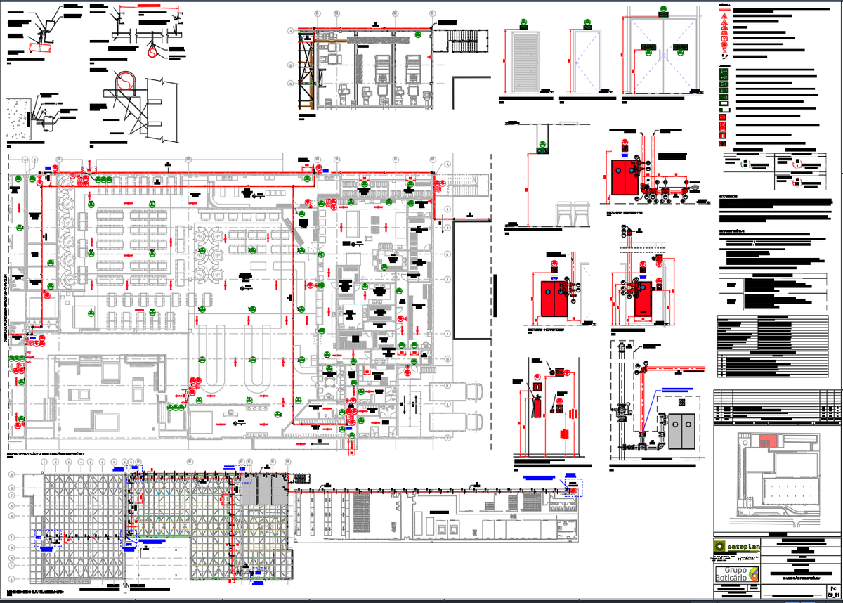 Cafeteria Fire Safety CAD Plan with Fire Protection Emergency Signage