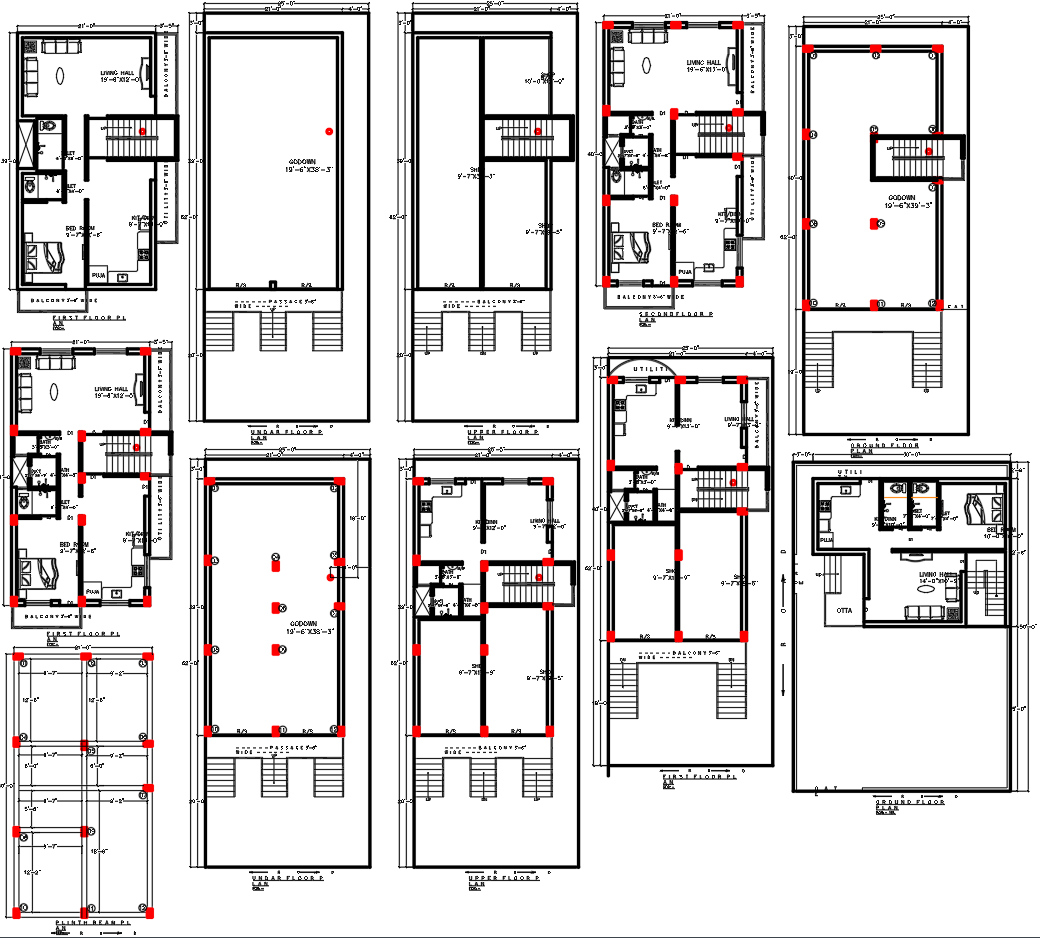 Residential House CAD Plan with Ground First and Typical Floor Layouts