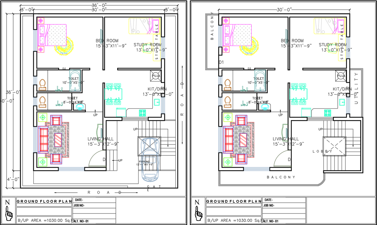 House Floor Plan CAD Drawing with Parking Living Hall Bedrooms Kitchen