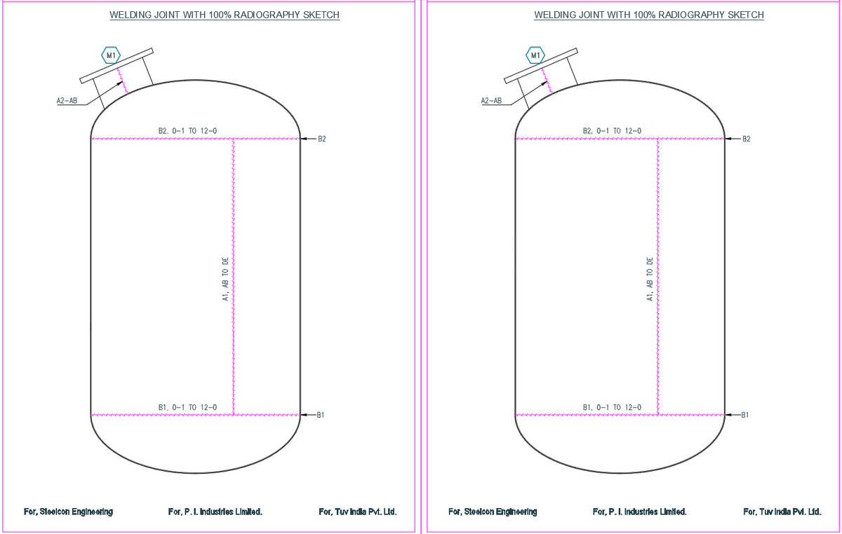 Welding Joint 100 Percent Radiography CAD Sketch for Pressure Vessel
