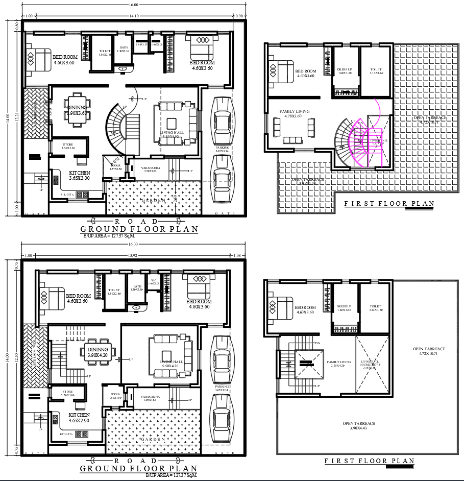 Modern 3BHK Duplex Home CAD Plan with Spacious Terrace and Parking